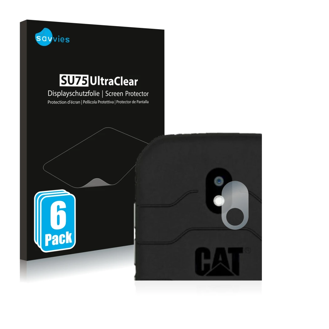 Face avant d’un emballage produit avec le logo de la marque Savvies. À côté, l’appareil Caterpillar Cat S42 (Caméra UNIQUEMENT