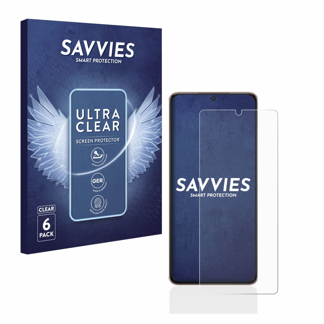 Face avant d’un emballage produit avec le logo de la marque Savvies. À côté, l’appareil Samsung Galaxy S21 Ultra 5G est représ