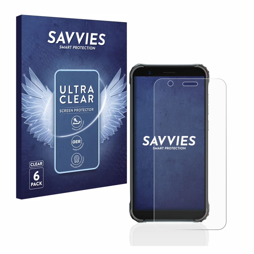 Face avant d’un emballage produit avec le logo de la marque Savvies. À côté, l’appareil Blackview BV4900 Pro est représenté av