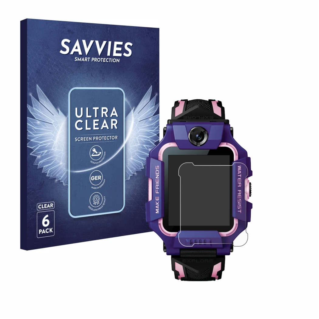 Face avant d’un emballage produit avec le logo de la marque Savvies. À côté, l’appareil Imoo Watch Phone Z6 est représenté ave
