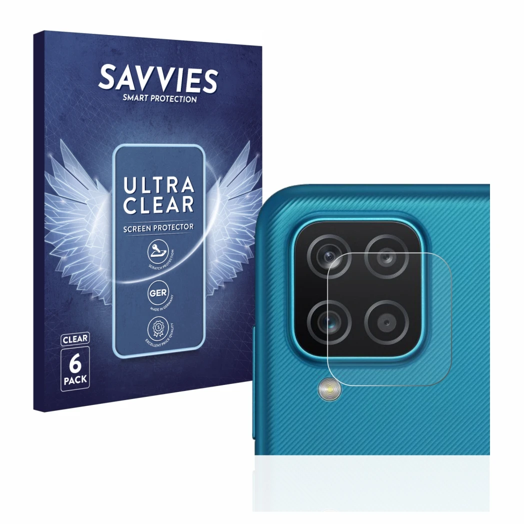 Face avant d’un emballage produit avec le logo de la marque Savvies. À côté, l’appareil Samsung Galaxy A12 (Caméra UNIQUEMENT)