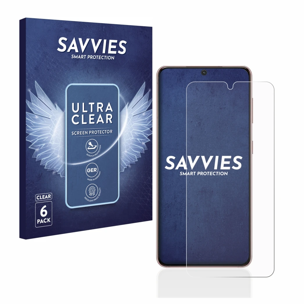 Face avant d’un emballage produit avec le logo de la marque Savvies. À côté, l’appareil Samsung Galaxy S21 5G est représenté a