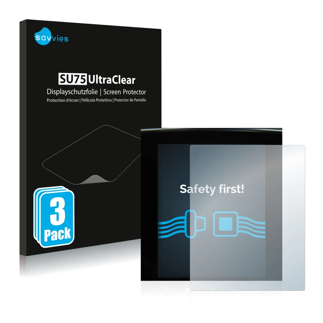 Face avant d’un emballage produit avec le logo de la marque Savvies. À côté, l’appareil Renault Megane 4 2020 Multimedia Easy 