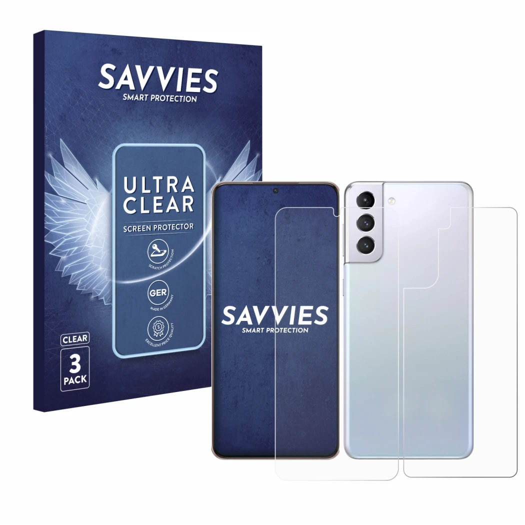 Face avant d’un emballage produit avec le logo de la marque Savvies. À côté, l’appareil Samsung Galaxy S21 Plus 5G (Avant+Arri
