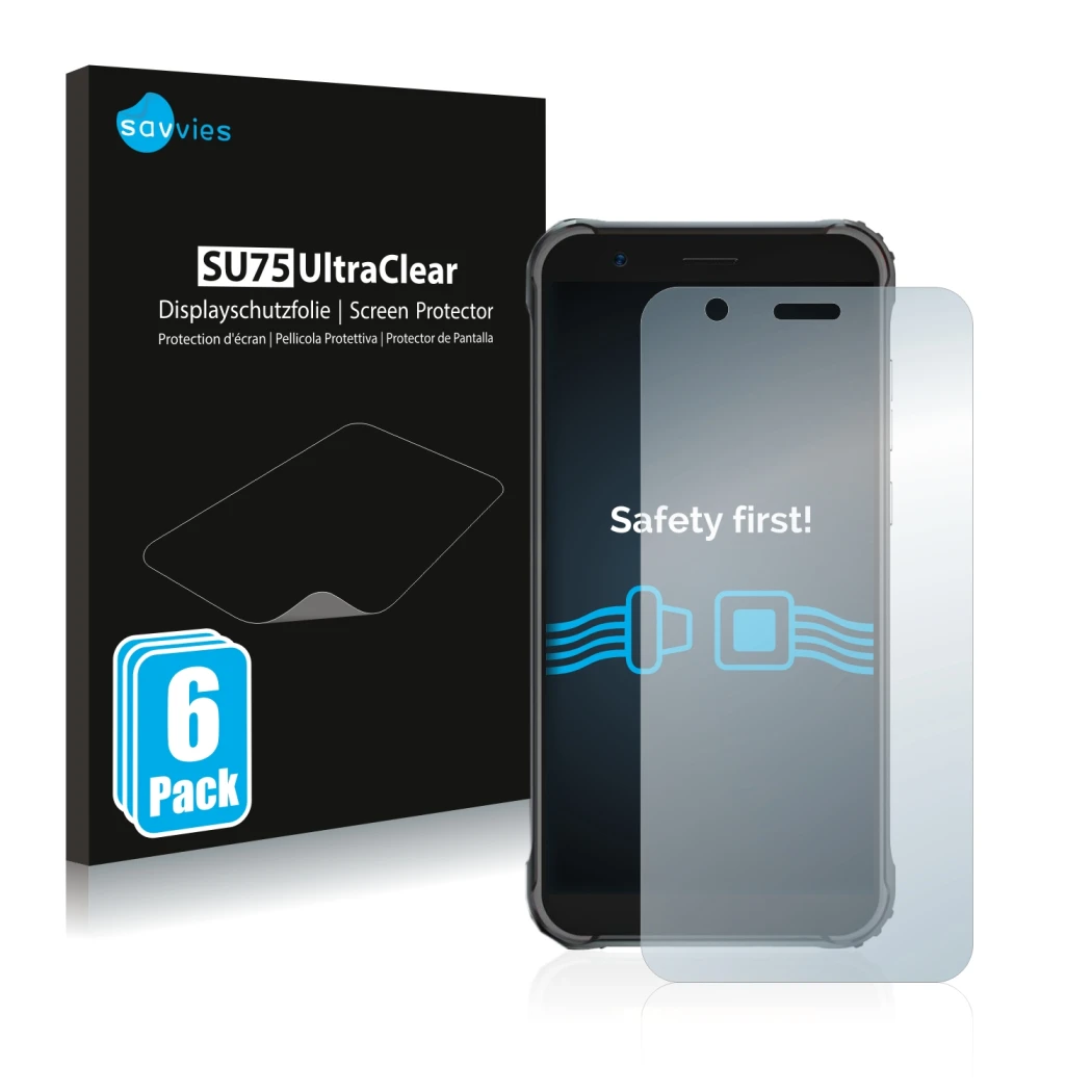 Face avant d’un emballage produit avec le logo de la marque Savvies. À côté, l’appareil Blackview BV4900 est représenté avec l