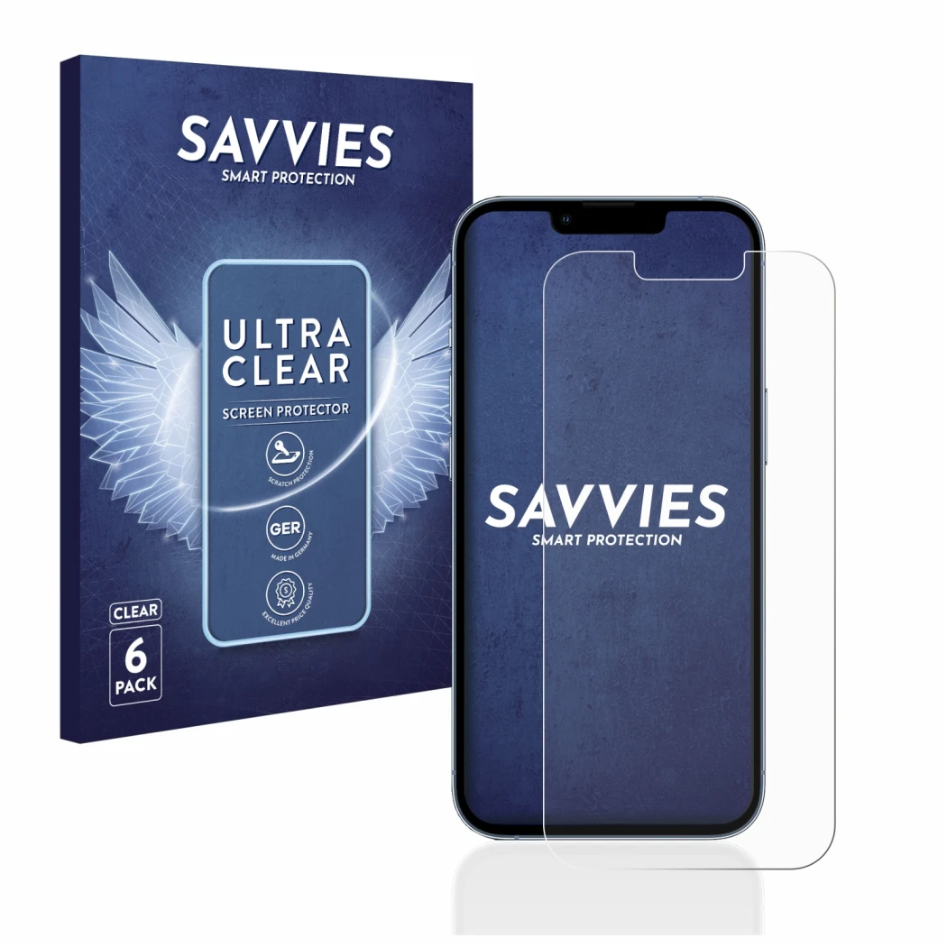 Face avant d’un emballage produit avec le logo de la marque Savvies. À côté, l’appareil Apple iPhone 13 Pro est représenté ave