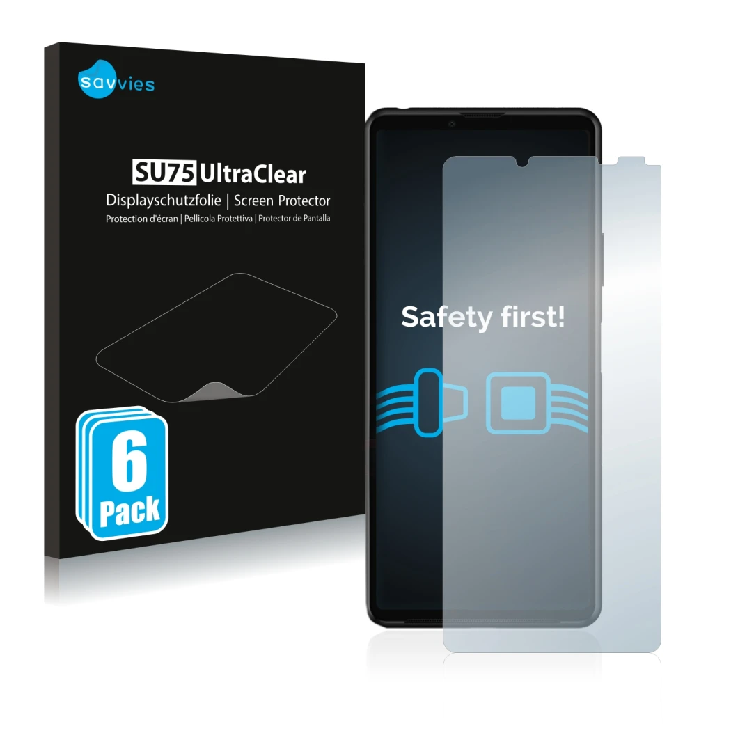 Face avant d’un emballage produit avec le logo de la marque Savvies. À côté, l’appareil Sony Xperia 10 III est représenté avec