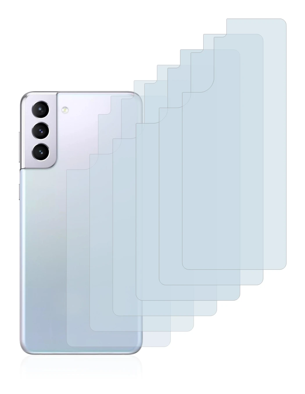 Image de l'appareil Samsung Galaxy S21 (Arrière) avec une grande variété de protections d'écran.