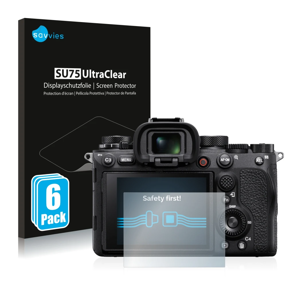 Face avant d’un emballage produit avec le logo de la marque Savvies. À côté, l’appareil Sony Alpha 1 est représenté avec la pr