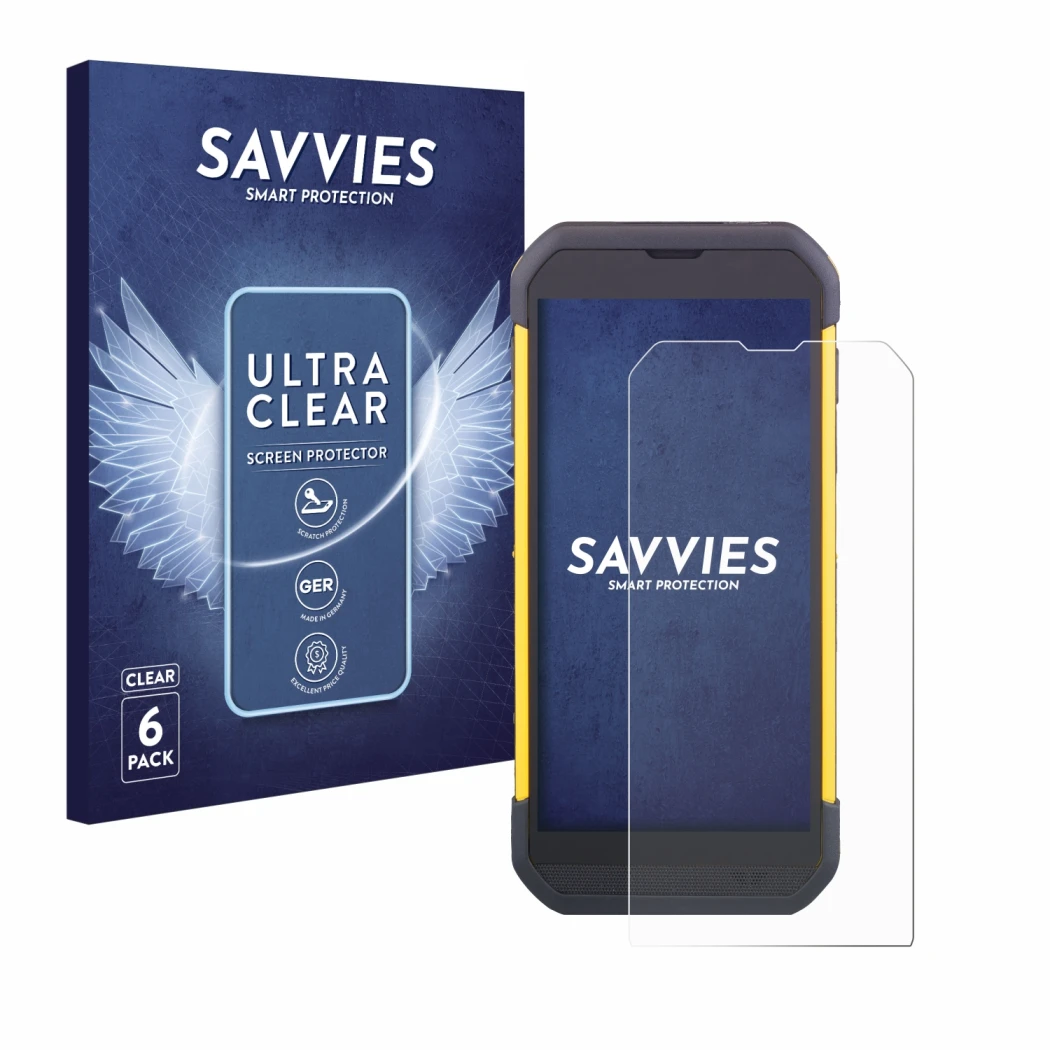 Face avant d’un emballage produit avec le logo de la marque Savvies. À côté, l’appareil Cipherlab RS35 est représenté avec la 