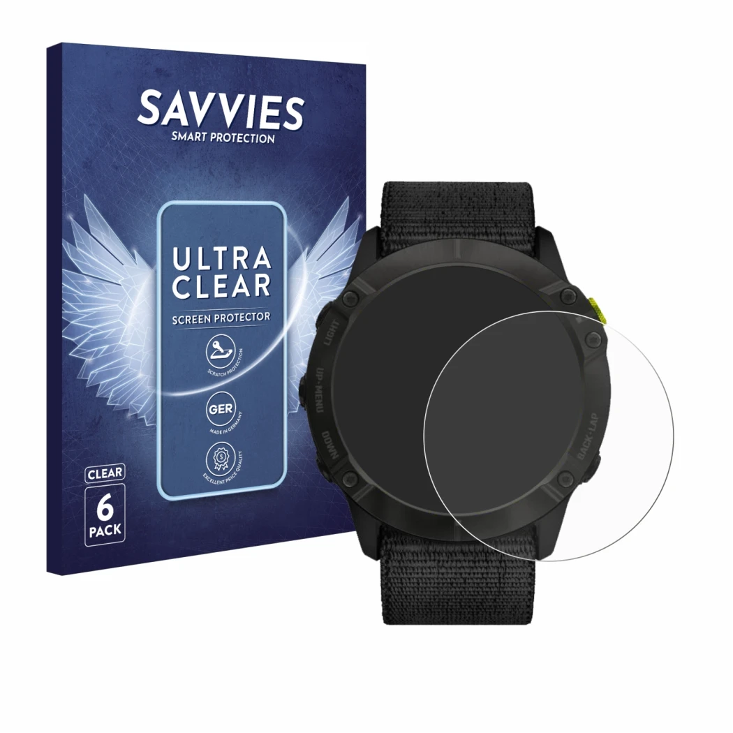 Face avant d’un emballage produit avec le logo de la marque Savvies. À côté, l’appareil Garmin Enduro est représenté avec la p
