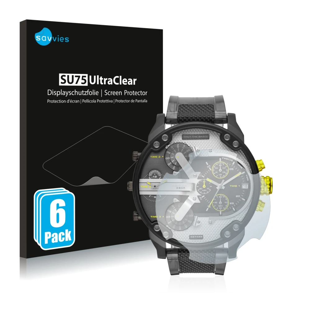 Face avant d’un emballage produit avec le logo de la marque Savvies. À côté, l’appareil Diesel DZ7422 Mr. Daddy 2.0 est représ