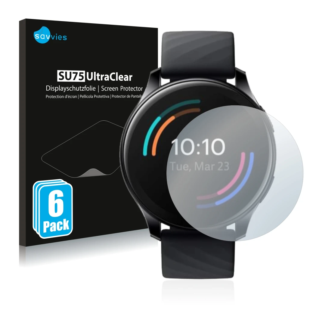 Face avant d’un emballage produit avec le logo de la marque Savvies. À côté, l’appareil OnePlus Watch est représenté avec la p