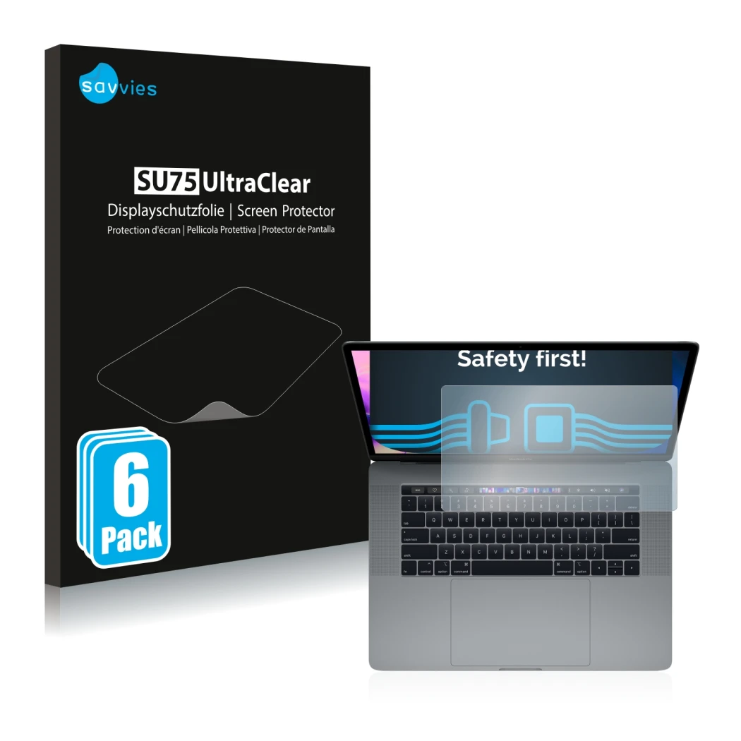 Face avant d’un emballage produit avec le logo de la marque Savvies. À côté, l’appareil Apple MacBook Pro 15