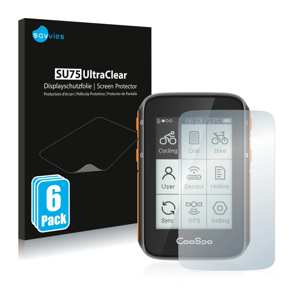 Face avant d’un emballage produit avec le logo de la marque Savvies. À côté, l’appareil CooSpo BC200 est représenté avec la pr