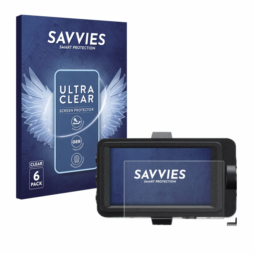 Face avant d’un emballage produit avec le logo de la marque Savvies. À côté, l’appareil Sony FX6 est représenté avec la protec