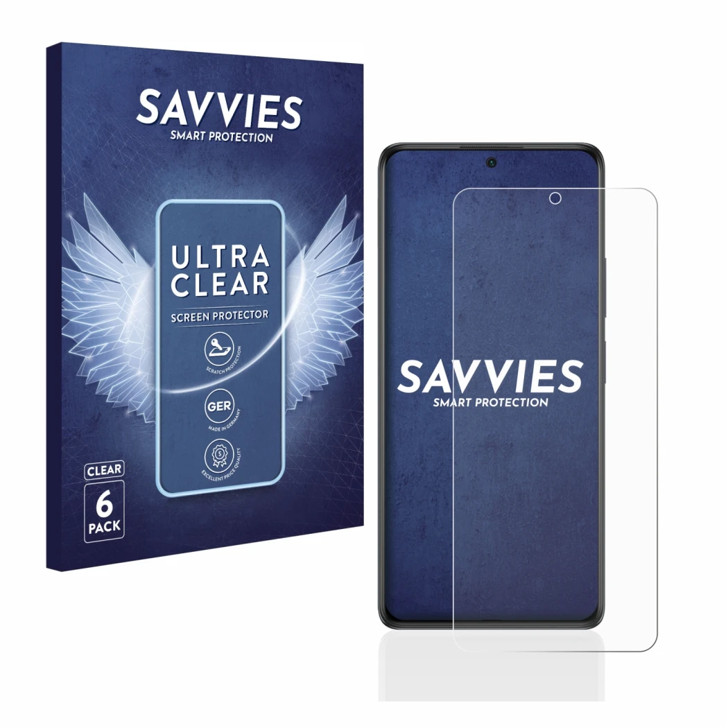 Face avant d’un emballage produit avec le logo de la marque Savvies. À côté, l’appareil Xiaomi Redmi Note 10S est représenté a