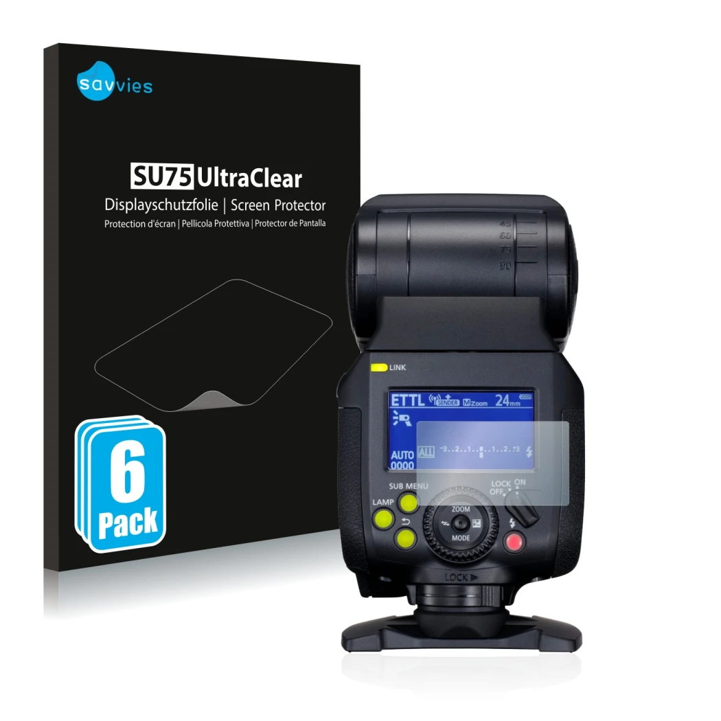 Face avant d’un emballage produit avec le logo de la marque Savvies. À côté, l’appareil Canon Speedlite EL-1 est représenté av