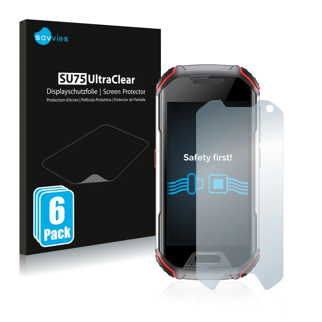 Face avant d’un emballage produit avec le logo de la marque Savvies. À côté, l’appareil Unihertz Atom XL est représenté avec l