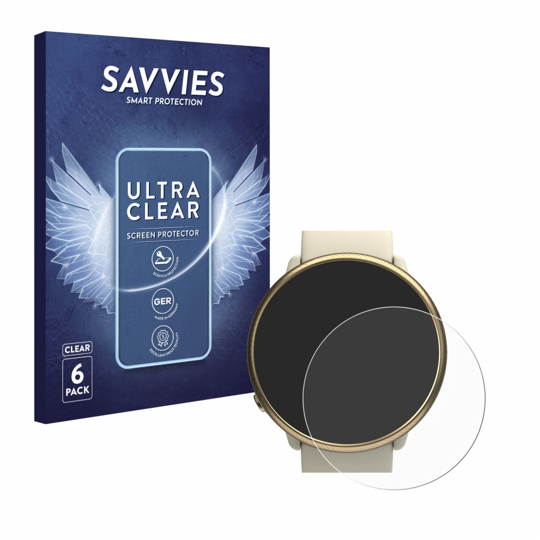 Face avant d’un emballage produit avec le logo de la marque Savvies. À côté, l’appareil Polar Ignite 2 est représenté avec la 