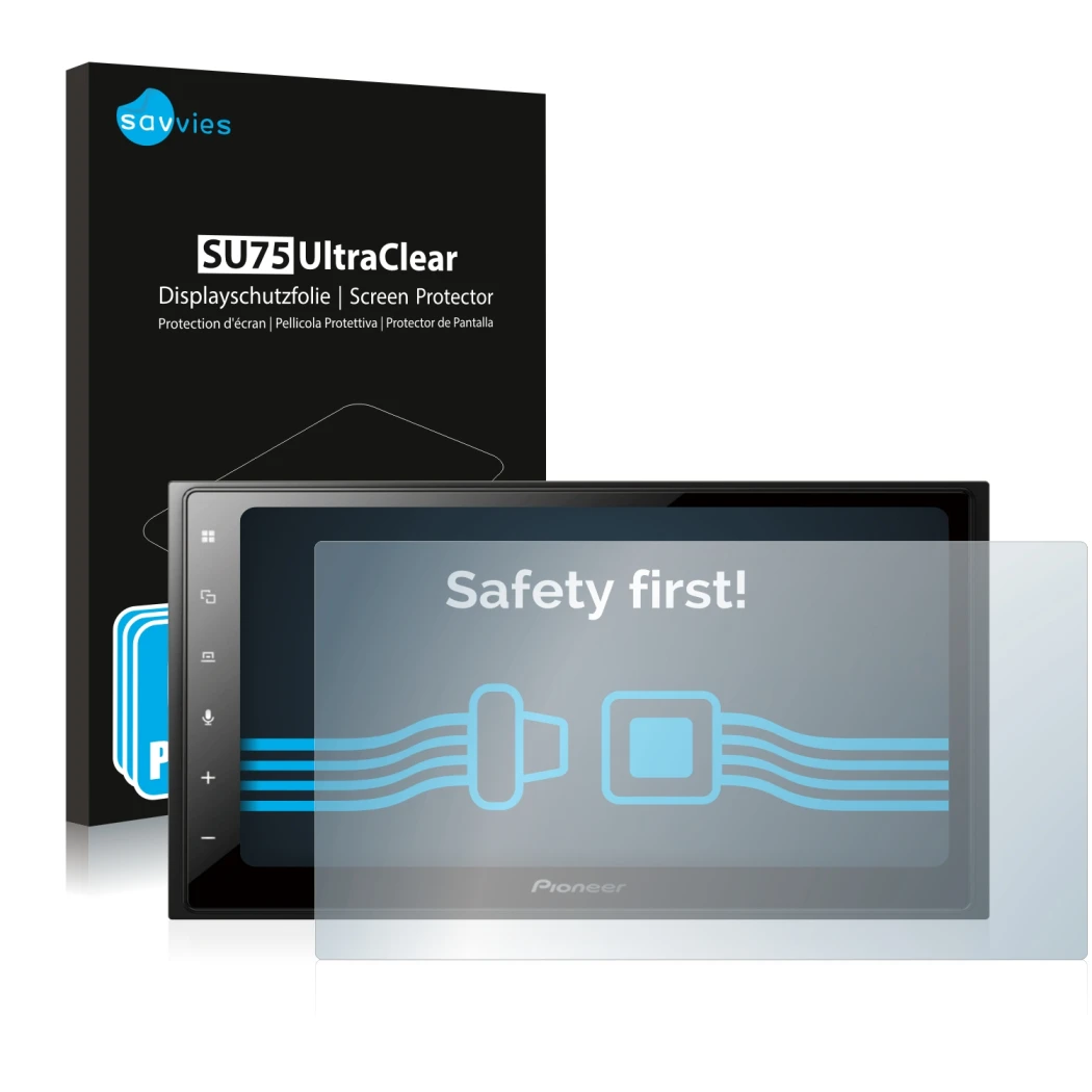 Face avant d’un emballage produit avec le logo de la marque Savvies. À côté, l’appareil Pioneer SPH-DA250DAB est représenté av