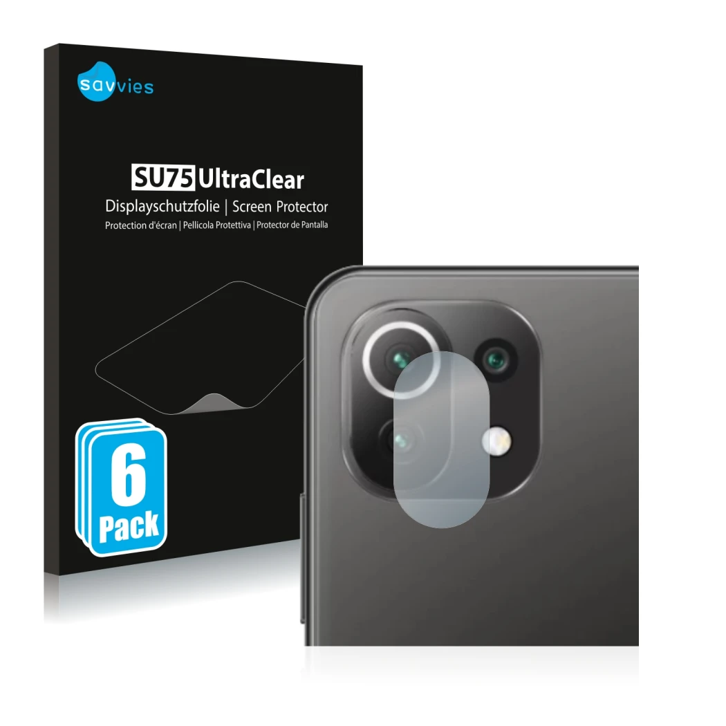 Face avant d’un emballage produit avec le logo de la marque Savvies. À côté, l’appareil Xiaomi Mi 11 Lite 5G (Caméra UNIQUEMEN