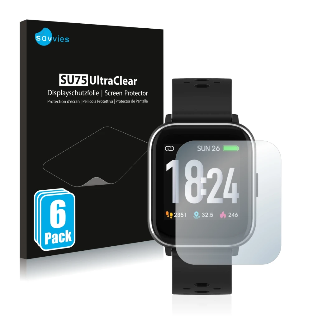 Face avant d’un emballage produit avec le logo de la marque Savvies. À côté, l’appareil Denver SW-163 est représenté avec la p