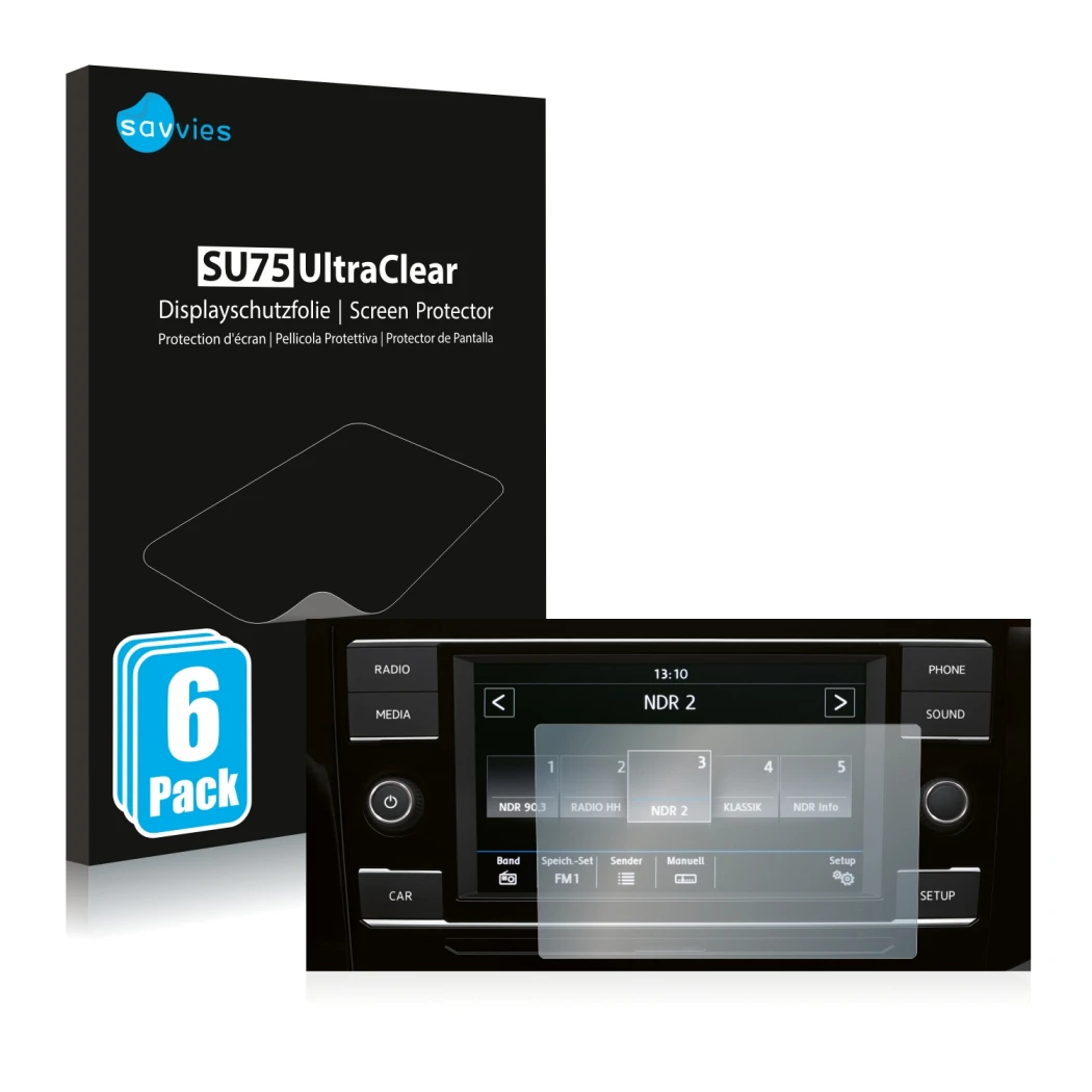 Face avant d’un emballage produit avec le logo de la marque Savvies. À côté, l’appareil Volkswagen T6.1 California 2021 Compos