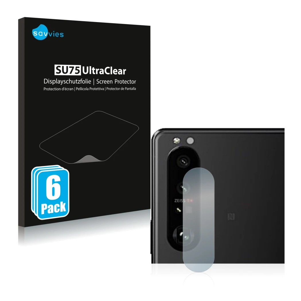 Face avant d’un emballage produit avec le logo de la marque Savvies. À côté, l’appareil Sony Xperia 5 III (Caméra UNIQUEMENT) 