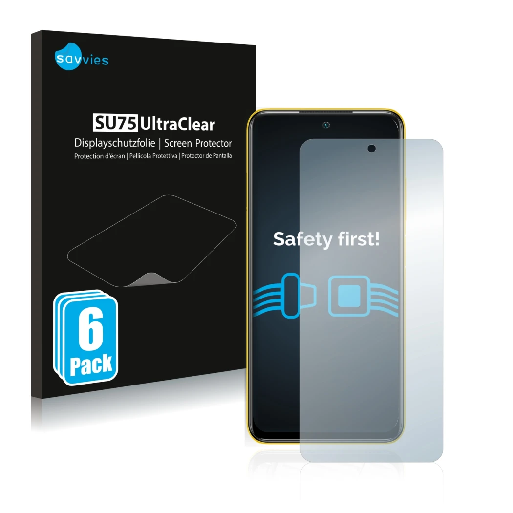 Face avant d’un emballage produit avec le logo de la marque Savvies. À côté, l’appareil Xiaomi Poco M3 Pro 5G est représenté a