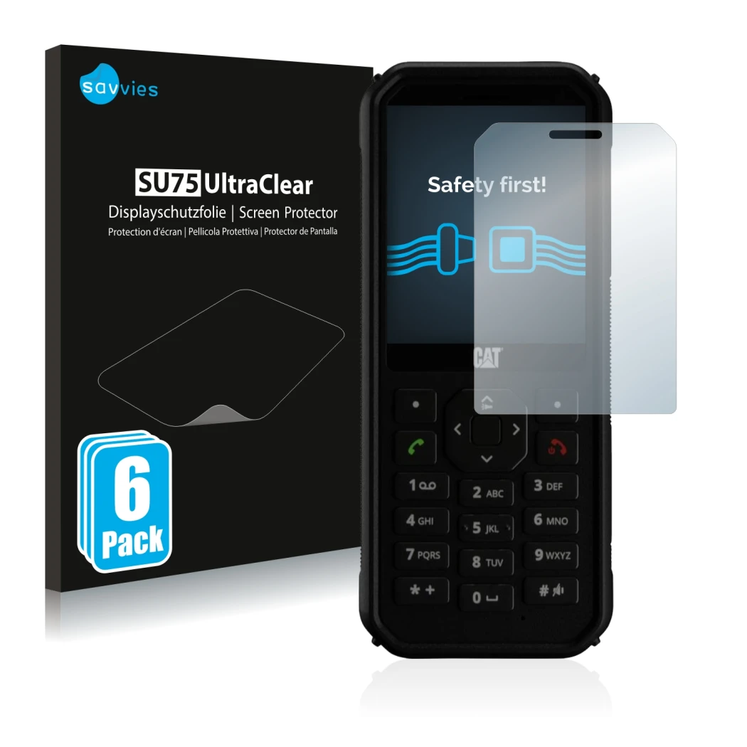 Face avant d’un emballage produit avec le logo de la marque Savvies. À côté, l’appareil Caterpillar Cat B40 est représenté ave