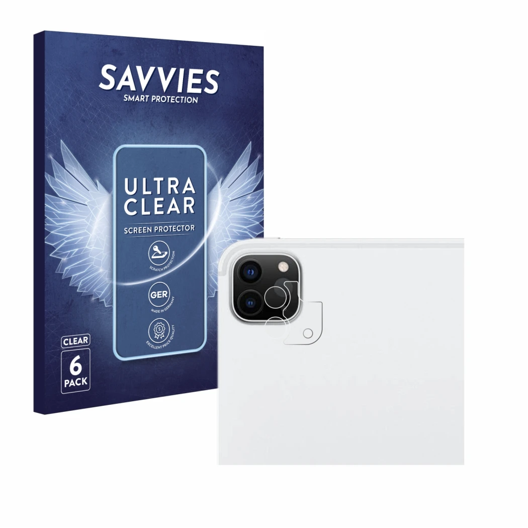 Face avant d’un emballage produit avec le logo de la marque Savvies. À côté, l’appareil Apple iPad Pro 12.9