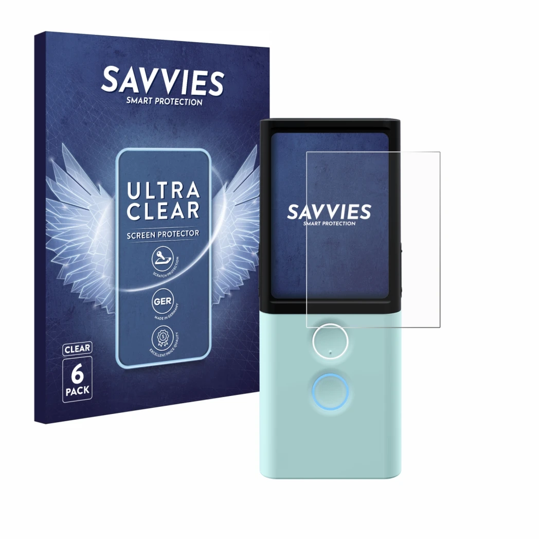 Face avant d’un emballage produit avec le logo de la marque Savvies. À côté, l’appareil Vasco Translator M3 est représenté ave