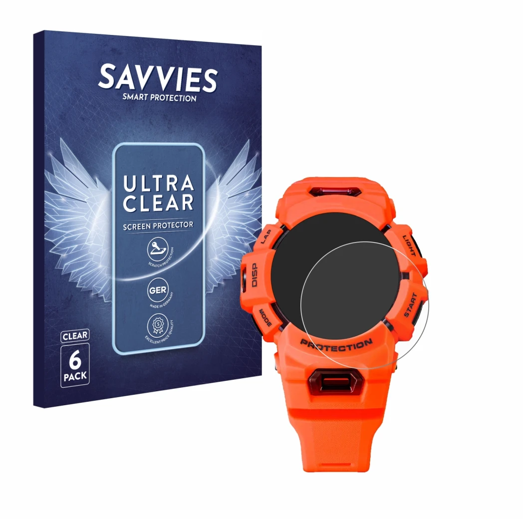 Face avant d’un emballage produit avec le logo de la marque Savvies. À côté, l’appareil Casio G-Shock GBA-900 est représenté a