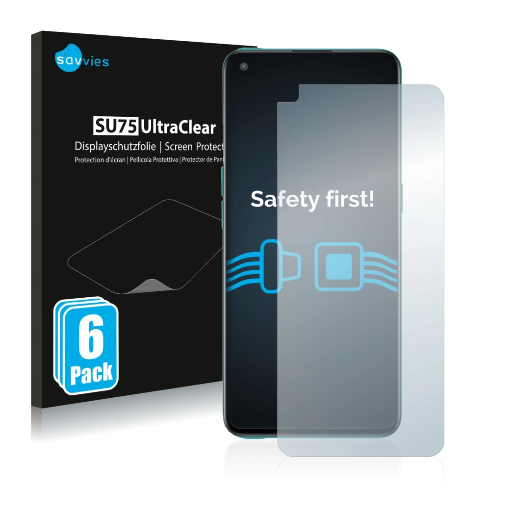 Face avant d’un emballage produit avec le logo de la marque Savvies. À côté, l’appareil OnePlus Nord CE 5G est représenté avec