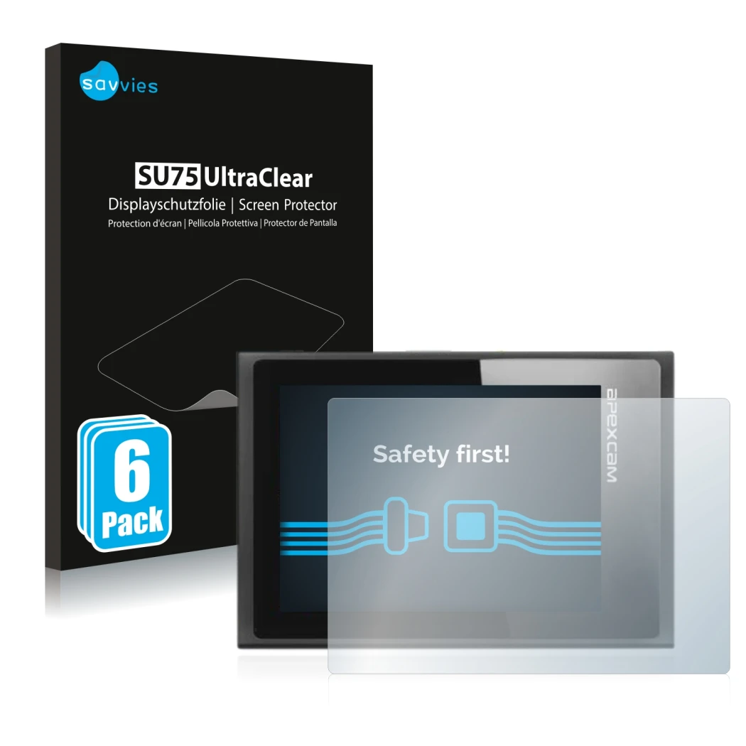 Face avant d’un emballage produit avec le logo de la marque Savvies. À côté, l’appareil Apexcam ‎M80 Air est représenté avec l