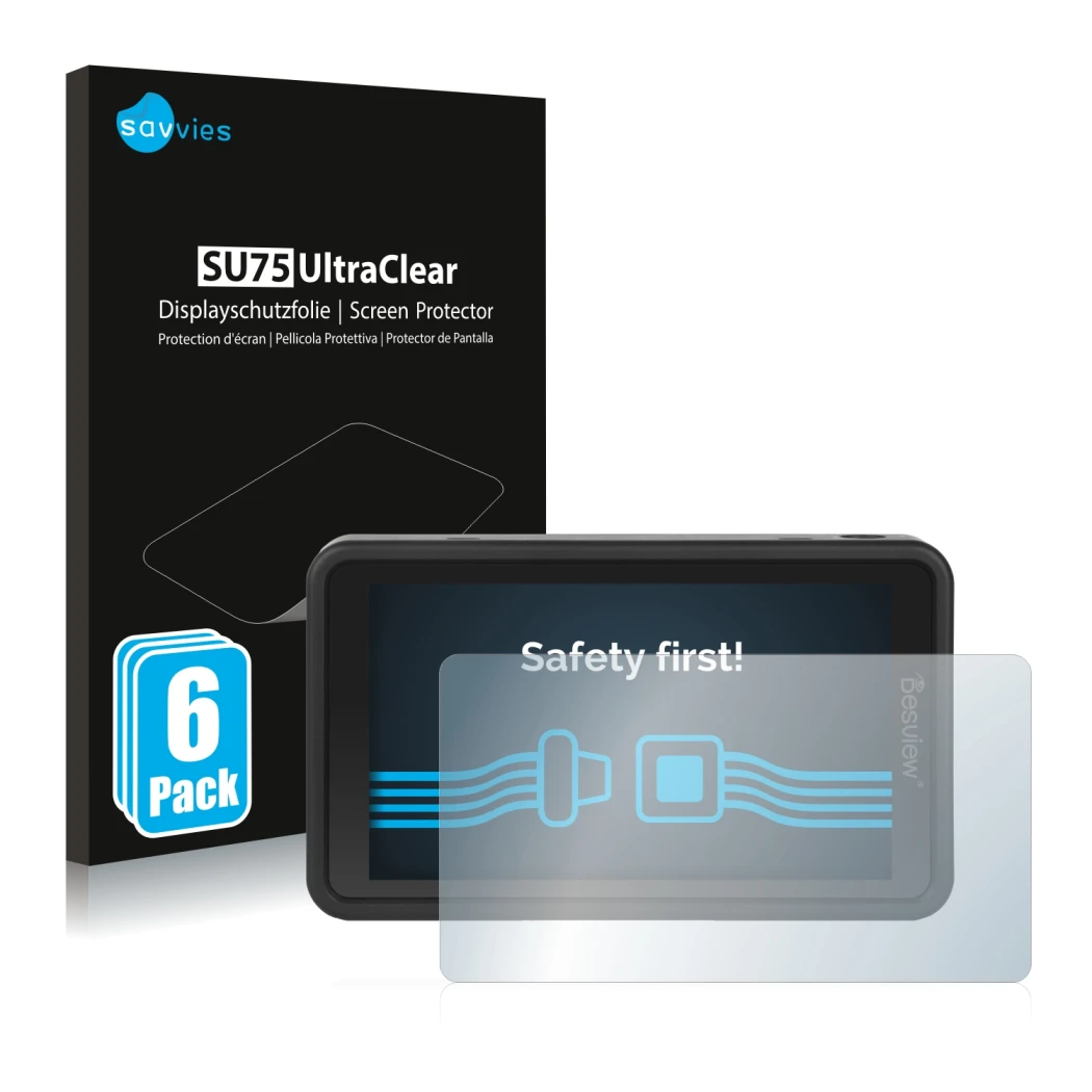 Face avant d’un emballage produit avec le logo de la marque Savvies. À côté, l’appareil Desview R5 5.5