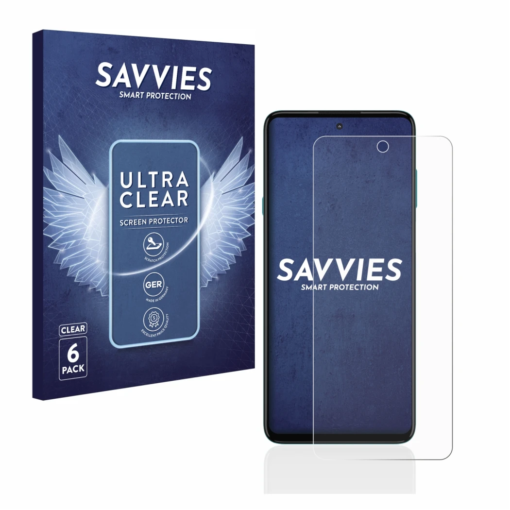 Face avant d’un emballage produit avec le logo de la marque Savvies. À côté, l’appareil Motorola Edge 20 Lite est représenté a