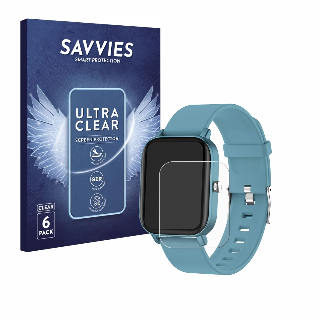 Face avant d’un emballage produit avec le logo de la marque Savvies. À côté, l’appareil Pubu Smartwatch est représenté avec la