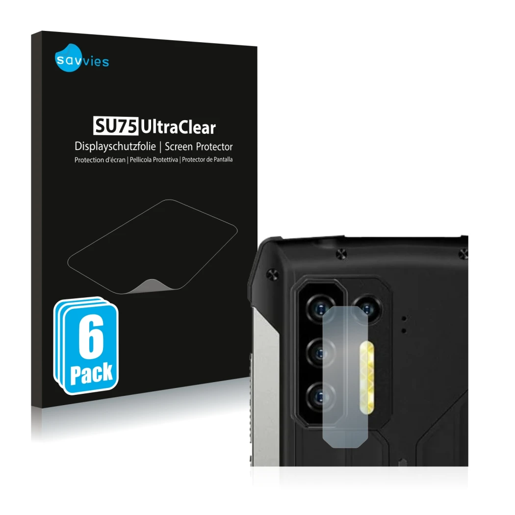 Face avant d’un emballage produit avec le logo de la marque Savvies. À côté, l’appareil Ulefone Power Armor 13 (Caméra UNIQUEM