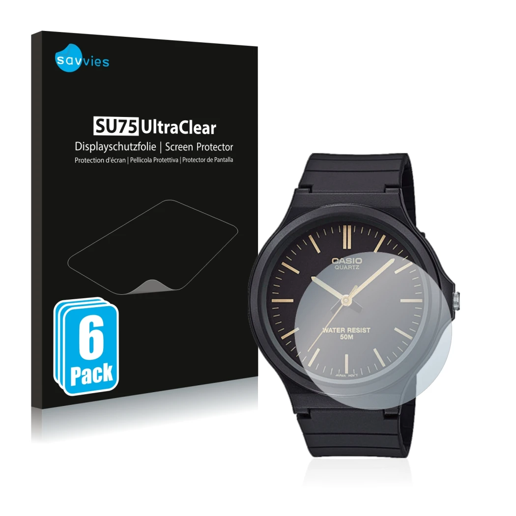 Face avant d’un emballage produit avec le logo de la marque Savvies. À côté, l’appareil Casio Unisex MW-240 est représenté ave
