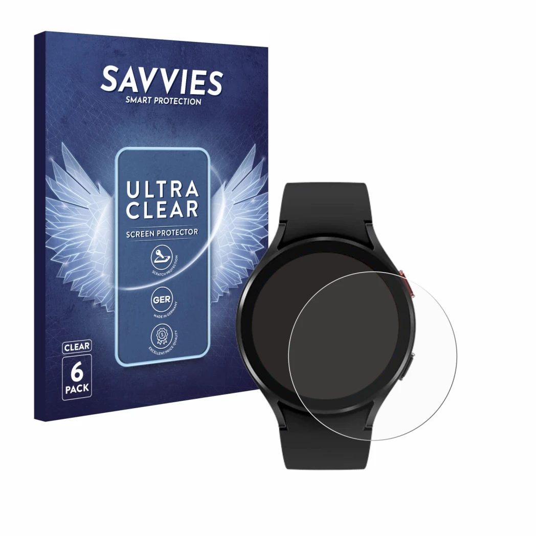 Face avant d’un emballage produit avec le logo de la marque Savvies. À côté, l’appareil Samsung Galaxy Watch 4 (44mm) est repr