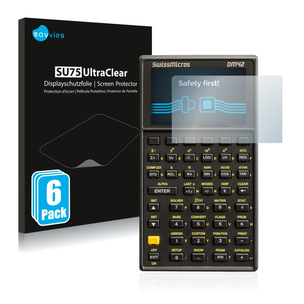 Face avant d’un emballage produit avec le logo de la marque Savvies. À côté, l’appareil SwissMicros DM42 est représenté avec l