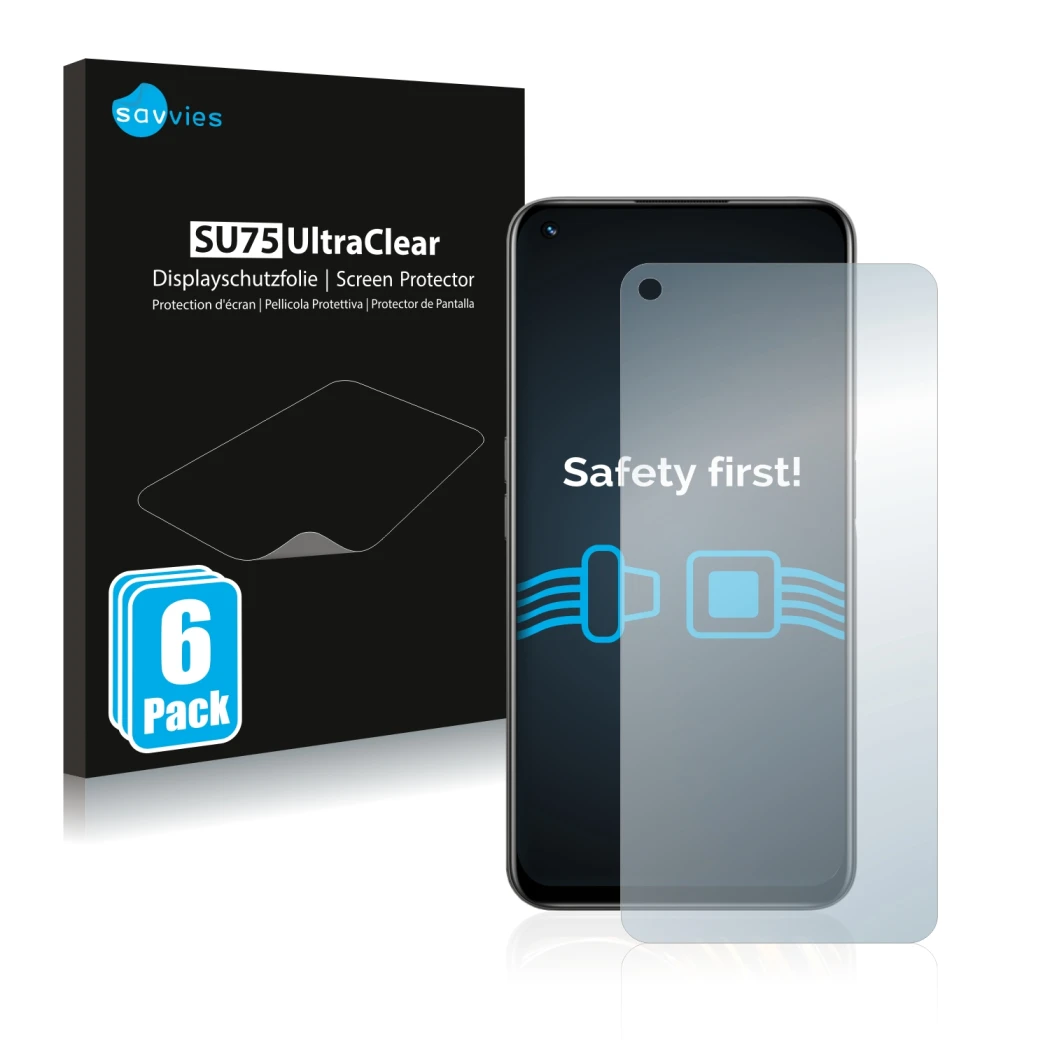 Face avant d’un emballage produit avec le logo de la marque Savvies. À côté, l’appareil realme 8i est représenté avec la prote