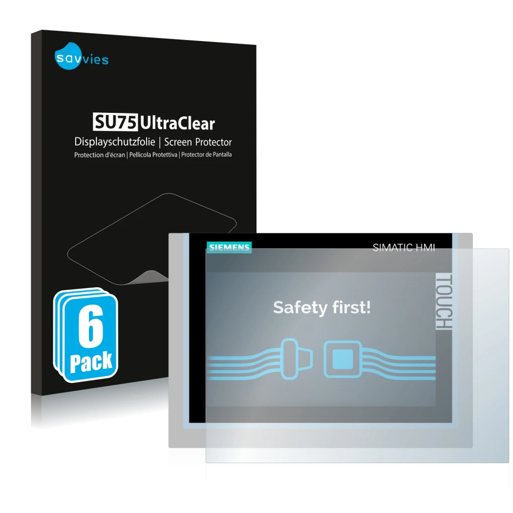 Face avant d’un emballage produit avec le logo de la marque Savvies. À côté, l’appareil Siemens Simatic HMI TP700 Comfort est 