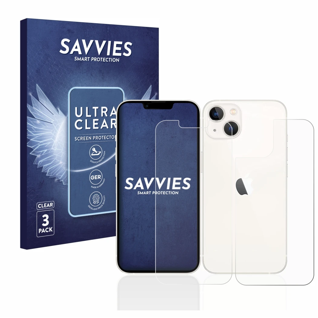 Face avant d’un emballage produit avec le logo de la marque Savvies. À côté, l’appareil Apple iPhone 13 (Avant+Arrière) est re
