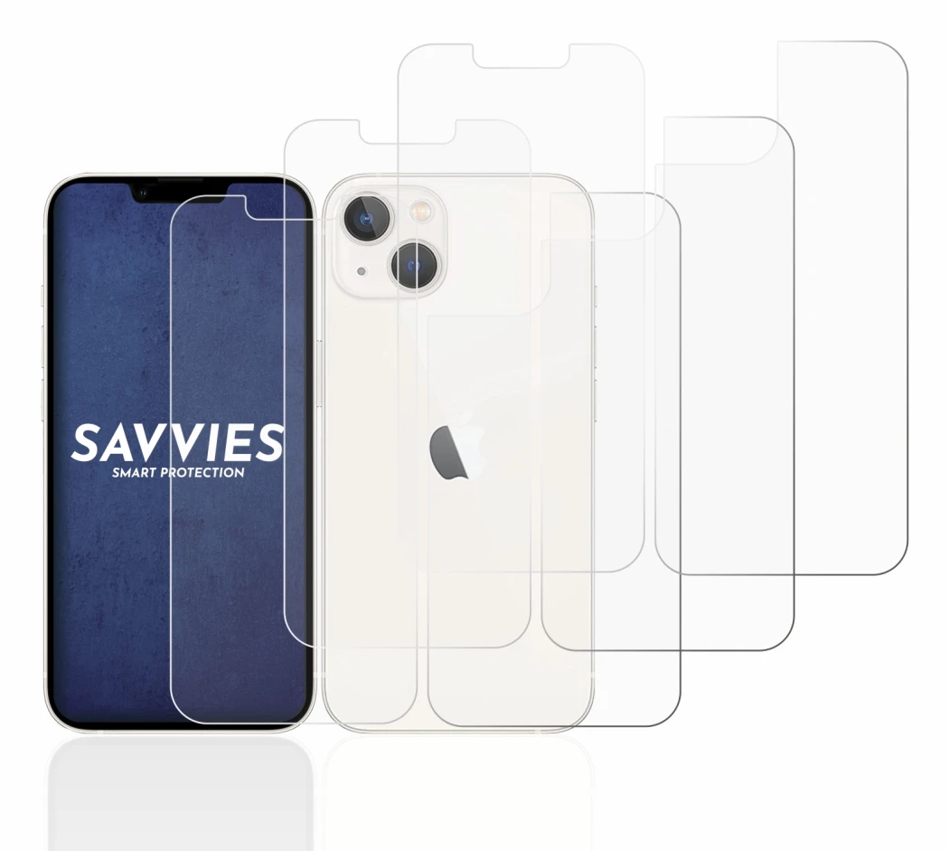 Image de l'appareil Apple iPhone 13 (Avant+Arrière) avec une grande variété de protections d'écran.