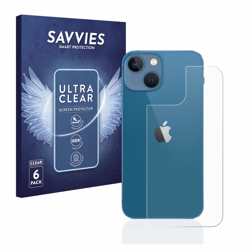 Face avant d’un emballage produit avec le logo de la marque Savvies. À côté, l’appareil Apple iPhone 13 mini (Arrière) est rep