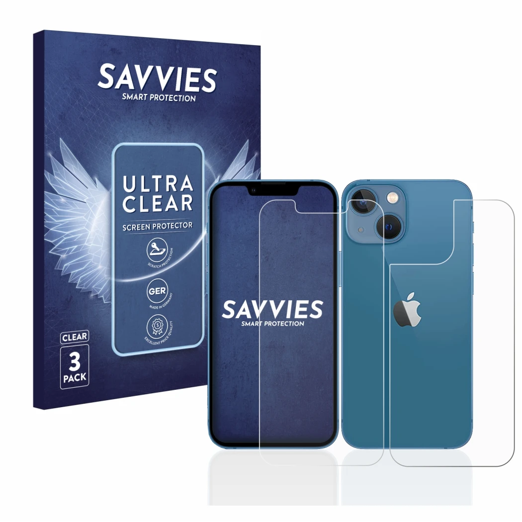 Face avant d’un emballage produit avec le logo de la marque Savvies. À côté, l’appareil Apple iPhone 13 mini (Avant+Arrière) e