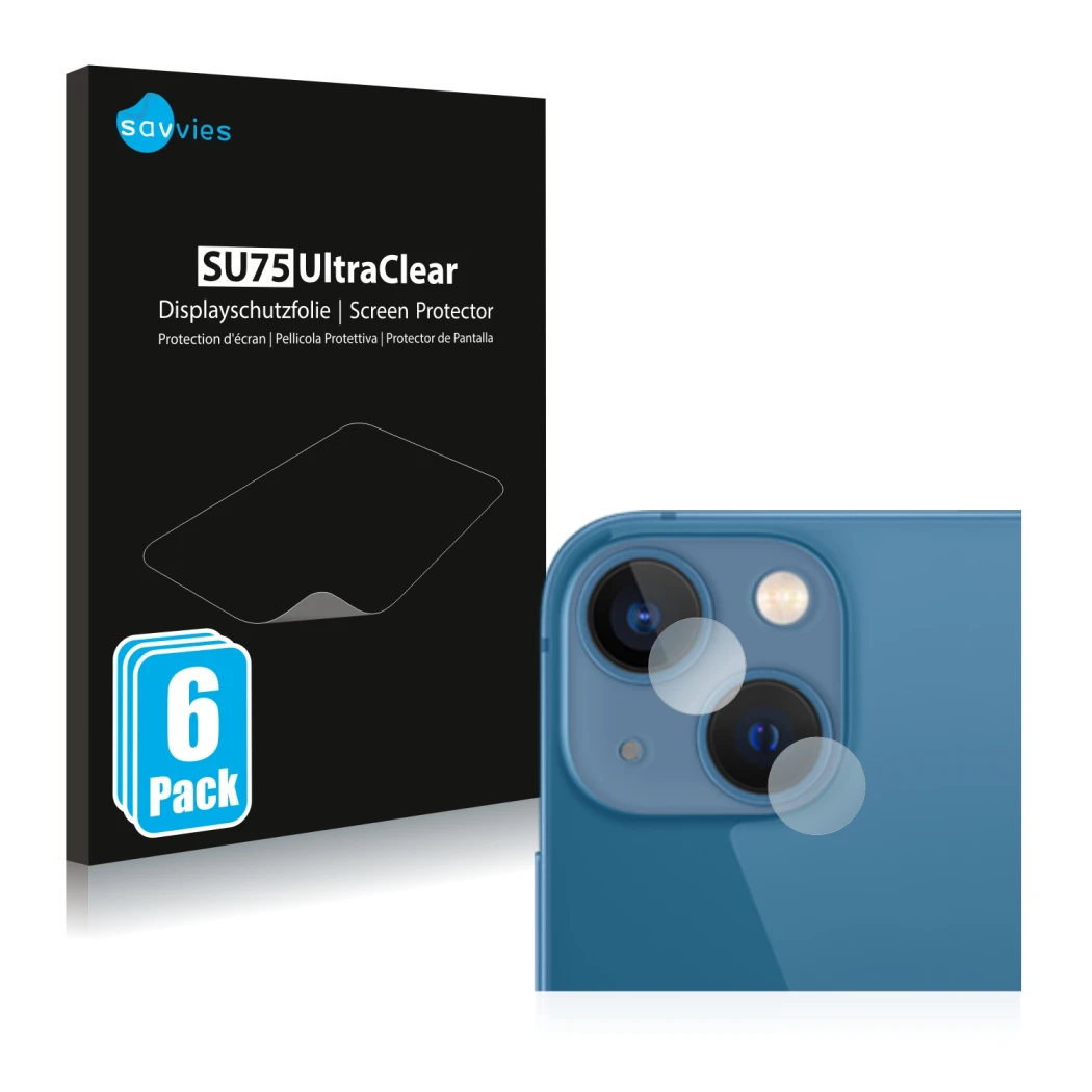 Face avant d’un emballage produit avec le logo de la marque Savvies. À côté, l’appareil Apple iPhone 13 mini (Caméra UNIQUEMEN